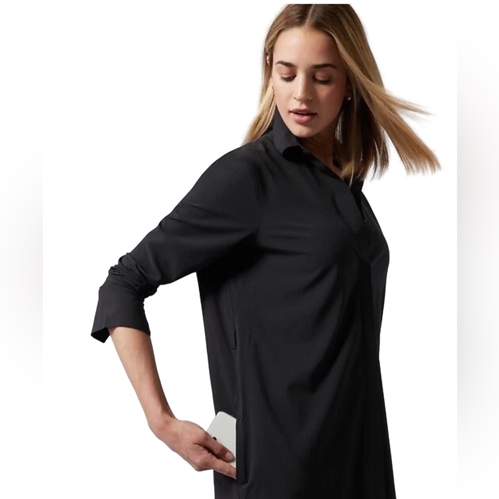 Athleta Urbanite Black Long-Sleeve Button Front Shirt Dress Midi Small - Picture 9 of 11